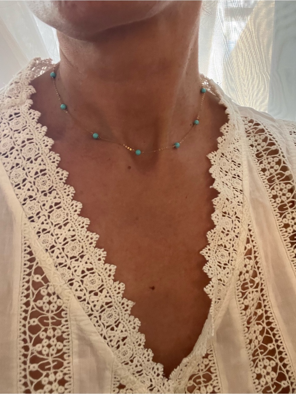 NWT Turquoise Italian 14k Solid Yellow Gold Station Necklace Choker 14”-17” - Picture 5 of 6